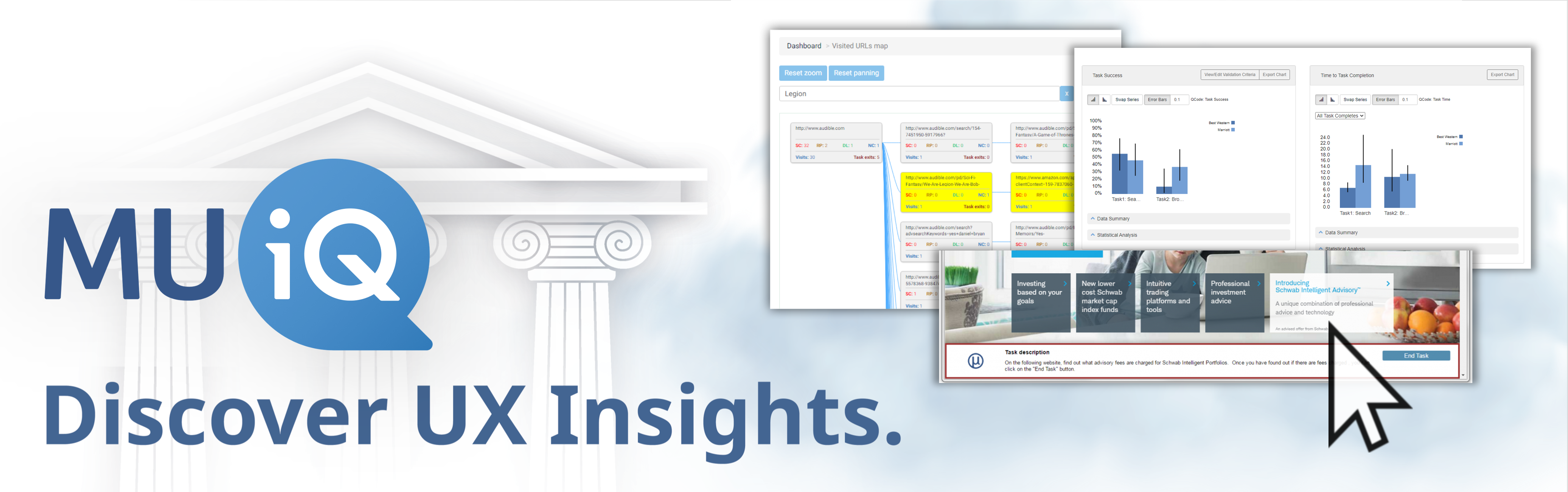 MU-iQ banner with screenshots of platform and greek temple illustrations and tagline to discover UX insights