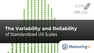 rating scale data grid with foreground text reading: The Variability and Reliability of Standardized UX Scales