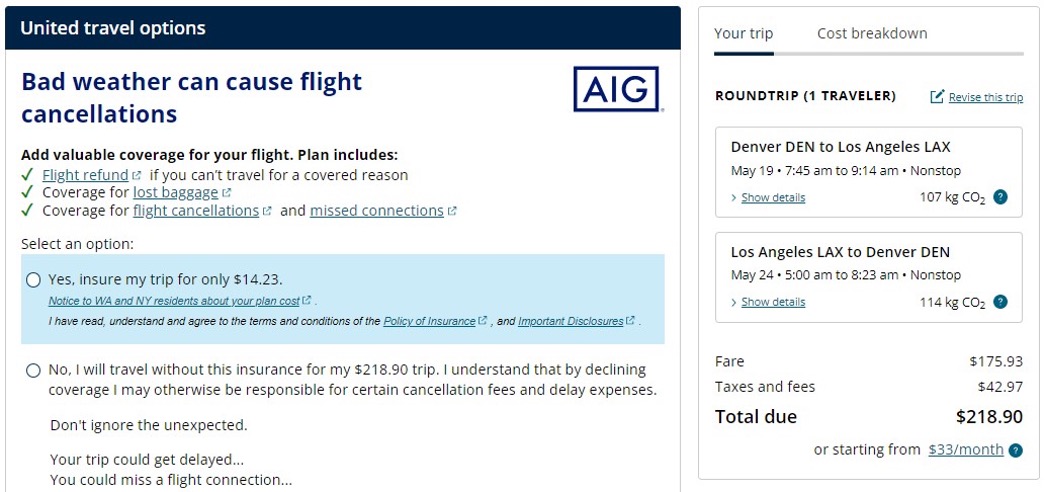Screenshot of what participants saw on the confirmation page of flight selection.
