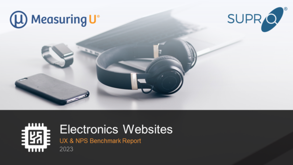 partially open laptop with headphones, a smart watch, and smart phone lying nearby, text along bottom reads: Electronic Webites - UX and NPS Benchmark Report 2023
