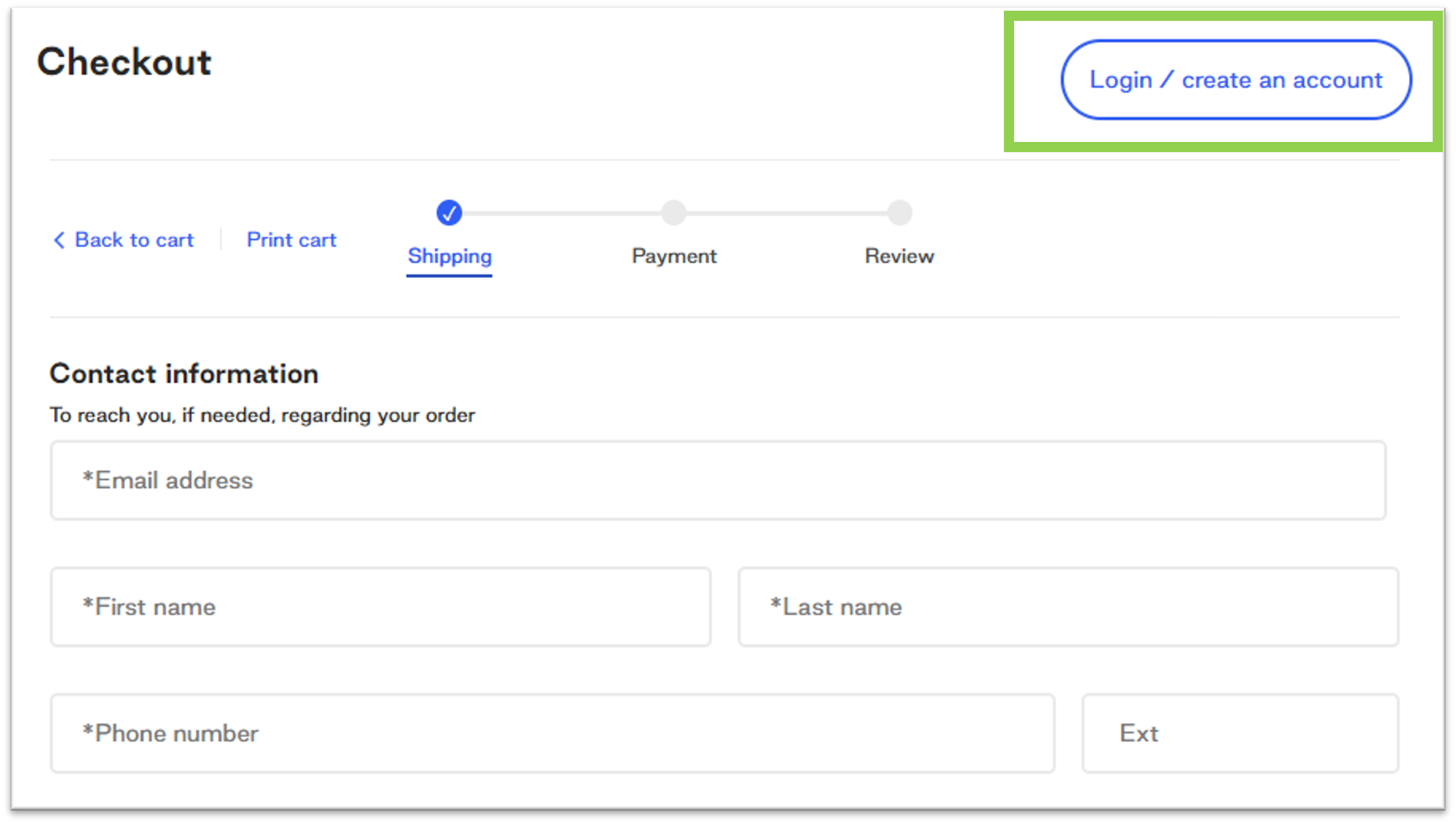 Screenshot of Quill checkout. Quill takes users into a natural step of entering shipping and billing information to continue the checkout process.