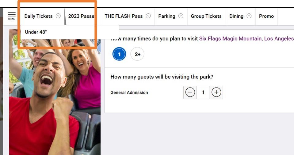 Screenshot of the Six Flags ticketing interface. Tickets for children, or shorter guests, are hidden in a dropdown instead of provided on the main ticket sale interface.