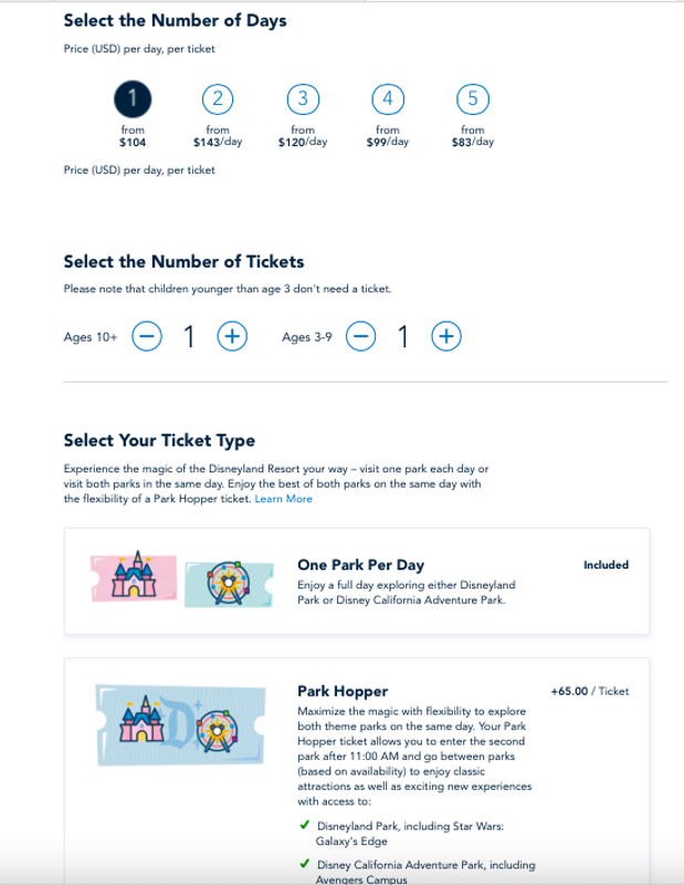 The adult and child ticket prices are not shown on the Disneyland website when the user is selecting the number of tickets. From here, it appears that both tickets will cost the standard rate ($104 each). The price per ticket is not shown until the next page. 