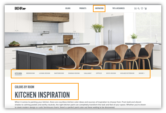 The Behr website has a section dedicated to inspiration where users can search by room type to see different designs and color schemes. 