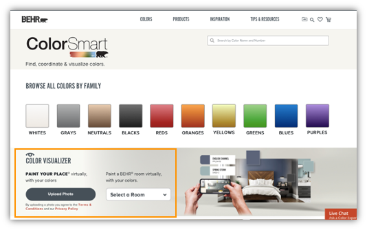 The Behr website has a Color Smart section with features like the Color Visualizer that allows users to virtually add paint to an uploaded photo or preloaded room. 