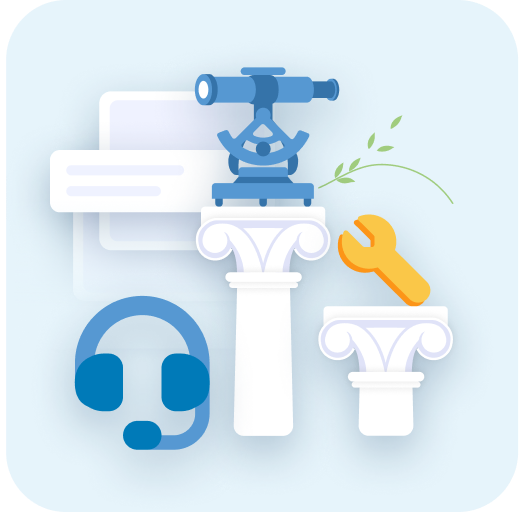 Icon with pillars and telescope and support headset and wrench