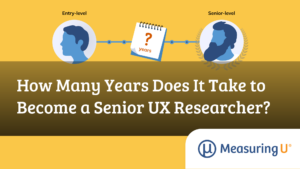 Feature image showing an entry-level UX researcher becoming a senior UX researcher over several years