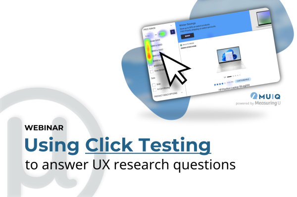 large white cursor in front of web image with click hot spots on page, text along bottom reads: Webinar: Using Click Testing to answer UX research questions